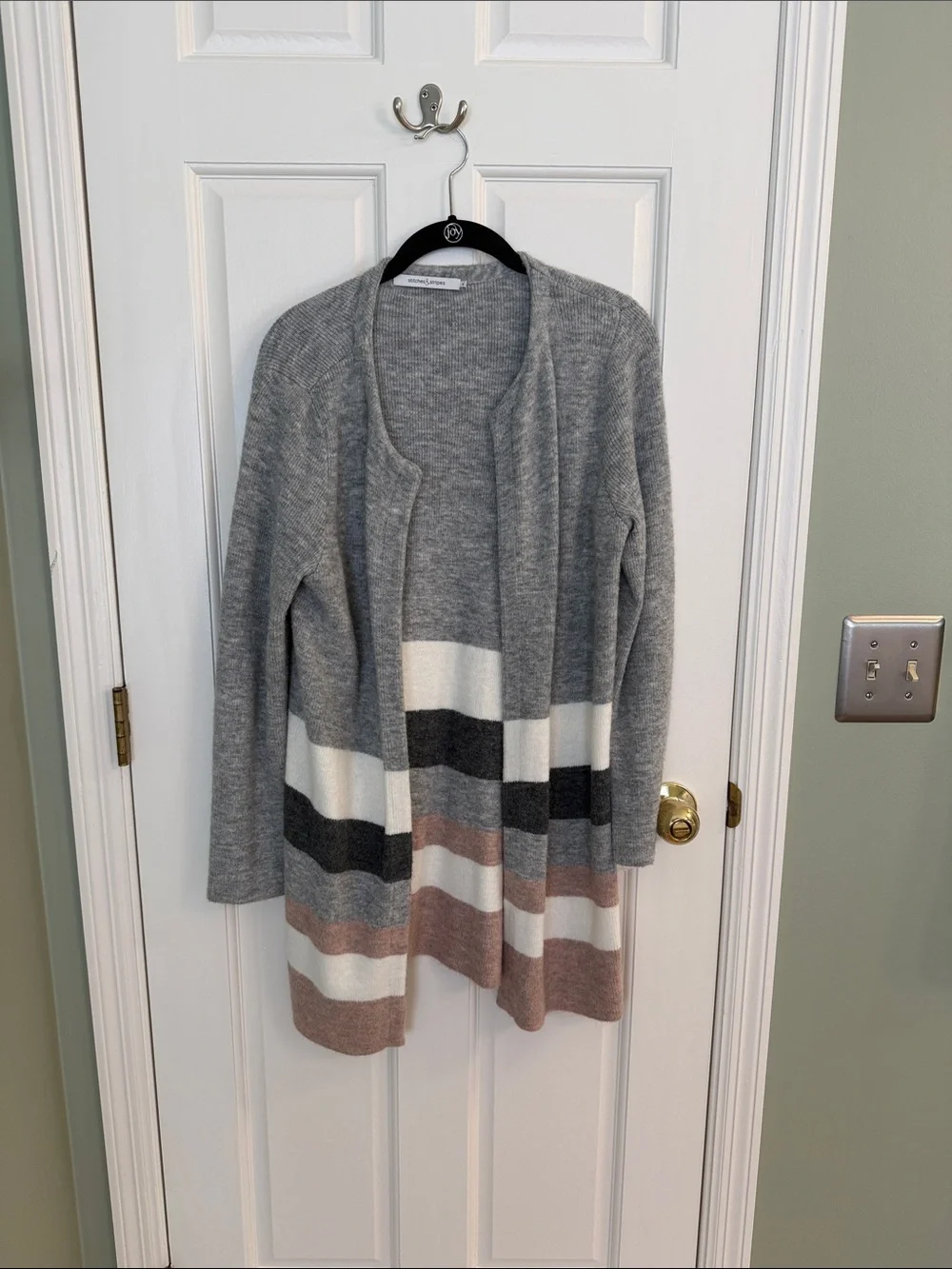 Open-Front Grey Striped Knit Cardigan with Cream & Blush Bands